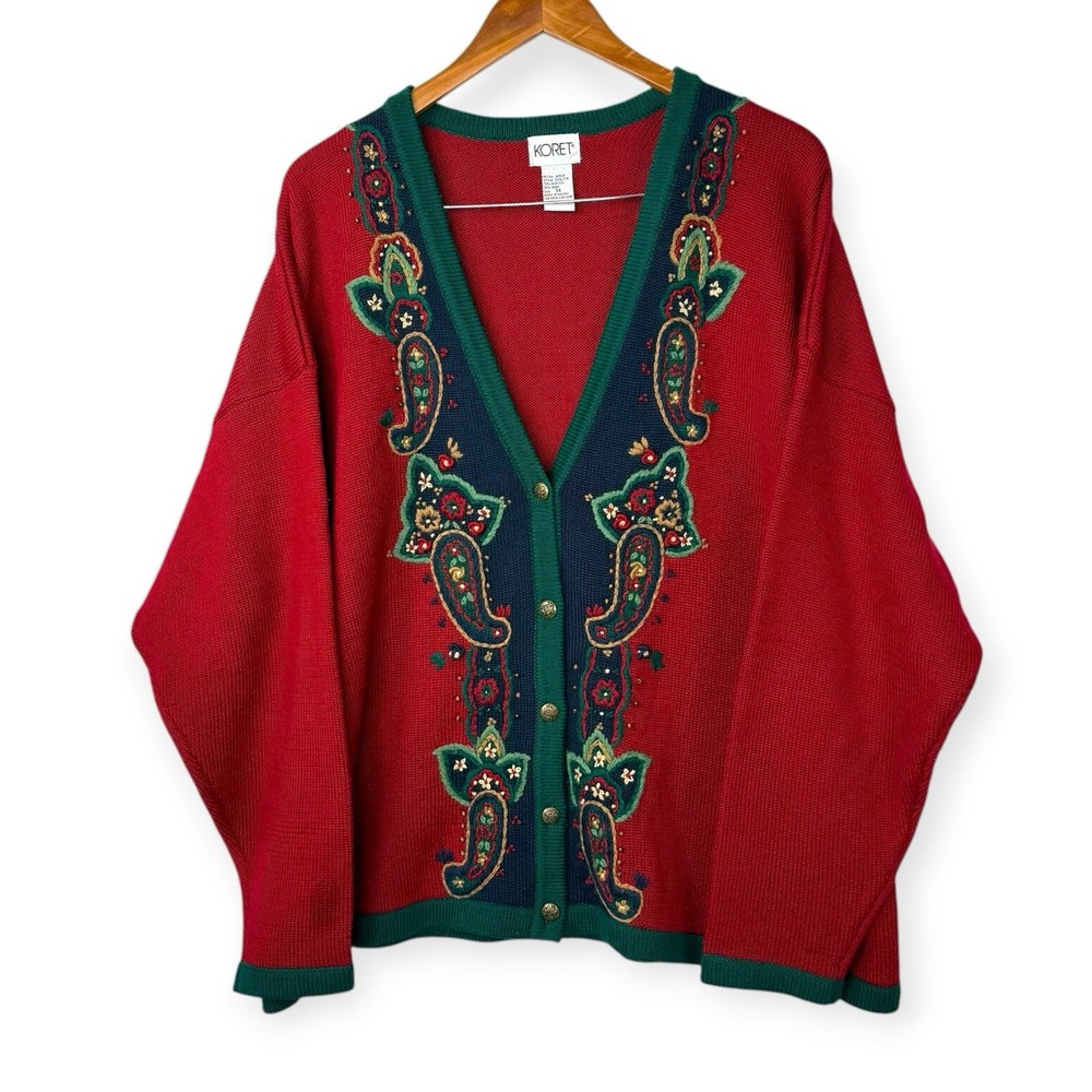 Womens Wool Blend V Neck Embroidered Beaded Grannycore Country Cardigan 3X